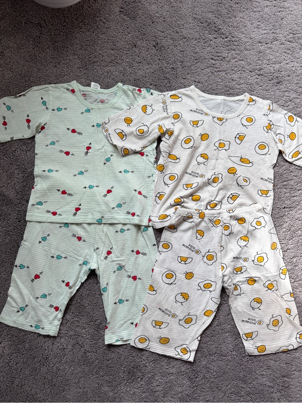 Korean Brand Kids Short Sleeve Pajama Sets - Mint Arrow & White Sunny Egg Prints